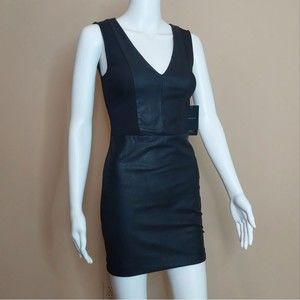 Zara Trafaluc Black V-neck Faux Leather Mixed Media Mini Dress Small NWT Defects